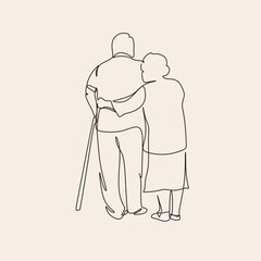 Elderly couple in continuous line art drawing style. Senior man and woman walking together holding hands. Minimalist black linear sketch isolated on white background. Vector illustration
