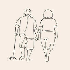 Elderly couple in continuous line art drawing style. Senior man and woman walking together holding hands. Minimalist black linear sketch isolated on white background. Vector illustration