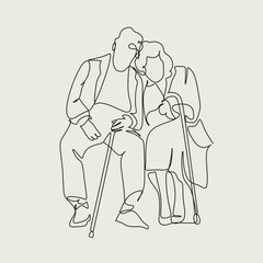 Continuous one line drawing of senior couple. Elderly people hug together. Old people in love. Man and woman on the path of life. Caring for each other. Vector illustration, freehand drawing
