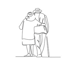 Continuous one line drawing of senior couple. Elderly people hug together. Old people in love. Man and woman on the path of life. Caring for each other. Vector illustration, freehand drawing