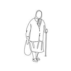 One continuous line drawing, grandmother walking