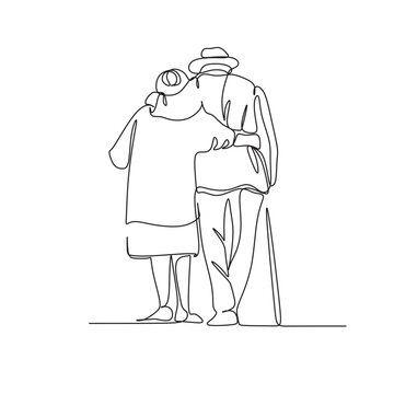 recommend clip art: Continuous one line drawing of senior couple. Elderly people hug together. Old people in love. Man and woman on the path of life. Caring for each other. Vector illustration, freehand drawing