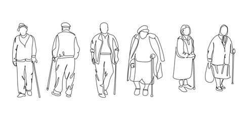 Elderly overweight man and woman with stick. Continuous one line drawing. Vector illustration. Continuous one line drawing of full length profile of a drandmother or grandfather. Grandparents line art
