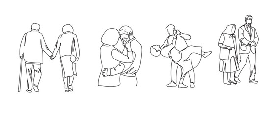 Continuous one line drawing of romantic couple. Old grandfather and grandmother. Parents people with love. Minimalism vector illustration hand drawn.
