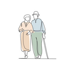 Elderly couple in continuous line art drawing style. Senior man and woman walking together holding hands. Minimalist black linear sketch isolated on white background. Vector illustration