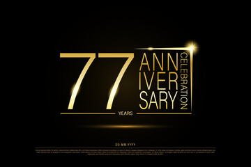 77 years golden anniversary gold logo on black background, vector design for celebration.
