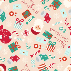 Christmas seamless pattern on a light background gifts, candy, bag, sock, snowflakes