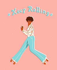 Retro roller skater with afro wearing flare pants. Vector illustration of a young man enjoying 70s style hobby. Roller disco concept.