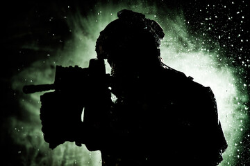 Anti terrorist squad fighter, army special forces rifleman in battle uniform, tactical radio headset, backpack, body armor, aiming service rifle with collimator sight, sneaking in darkness under rain