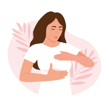 Woman Checking Her Breast To Prevent And Support The Cause Of Breast Cancer. Breast Self Exam Concept Vector Illustration