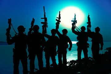 Army soldiers with rifles moon night silhouette