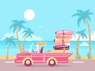 Woman driving car to sun beach. Glamour blond woman with Luggage bags driving pink cabriolet to summer vacation. Vector Illustration of Tropical palms and beach background.