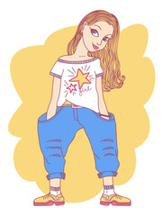 Cute young girl in denim fashion clothes. Vector hand drawn illustration of teenager girl with long hairstyle isolated on white background.