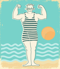 Man in vintage swimming dress on sun beach sea waves poster. Vector hand drawn retro illustration of vintage man wear bathing suit costume 20s centure old paper texture