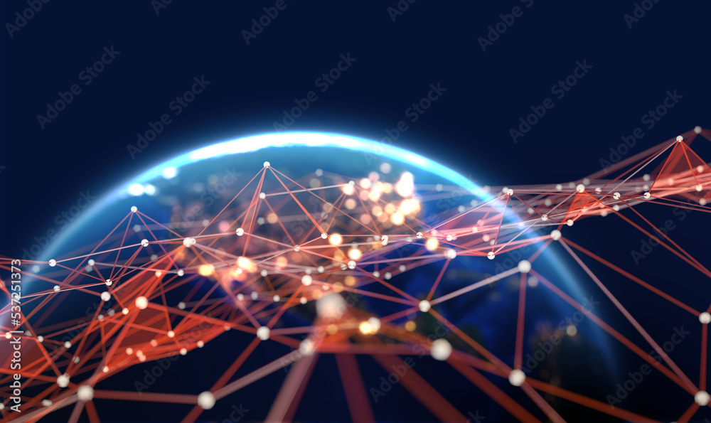 Poster Cyber network of planetary communication. Orbital digital cloud of the global database. 3D illustration of a polygonal mesh on background of a blurred planet