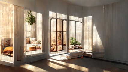 bright room in white neutral with morning sunlight