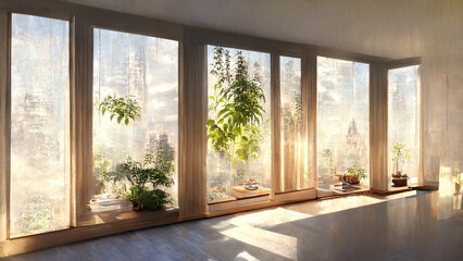 bright room in white neutral with morning sunlight