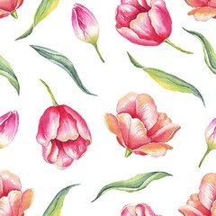 Watercolor tulips. Seamless pattern