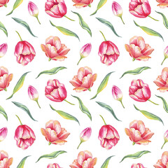 Watercolor tulips. Seamless pattern