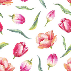 Watercolor tulips. Seamless pattern