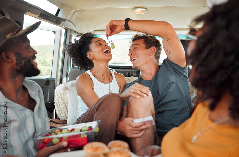 Poster Road trip, fruit and healthy couple eating in van for countryside lifestyle, travel or holiday camping journey. Relax friends or people with farm food, lunch or grapes and games in a caravan together