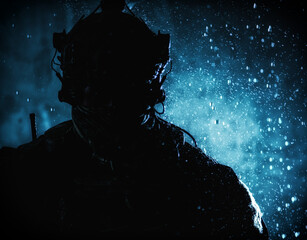 Soldier in tactical ammunition, wearing camo uniform, battle helmet, radio headset, hiding face behind scarf, silhouette in the darkness, night rain, closeup shot