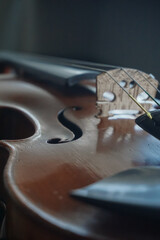 Close up view of strings of beautiful brown violin .Musical instruments. Music equipment. Music background © Boon