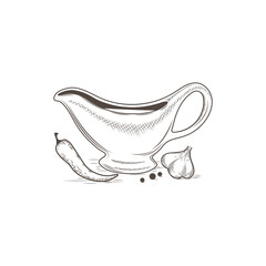 Hand drawn retro style sauceboat with papper and garlic. 