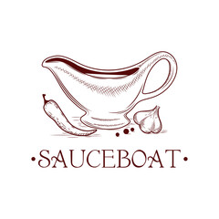Hand drawn retro style sauceboat with papper and garlic. 