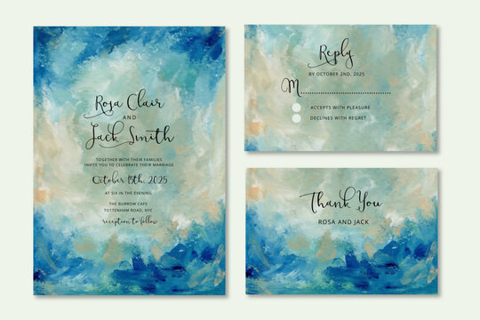 wedding invitation with blue green abstract background