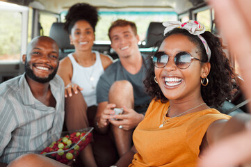 Selfie, smile and friends on a road trip in car for travel adventure together. Portrait of happy,...