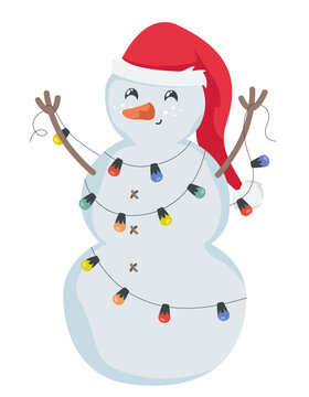 Snowman holding garland. Christmas character in cartoon style.