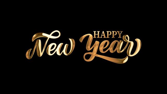 Happy New Year Typography Golden text animation appear on black background. Happy New Year. Greeting card with Memphis geometric style for Happy New Year or Merry Christmas. Holiday, greeting card.