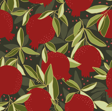 Seamless Digital Hand Illustrated Tropical Pomegranate Fruit Pattern , Summer Fruit Prints, Digital Illustration