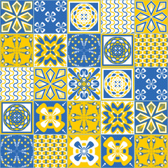Yellow blue seamless pattern, traditional spanish Azulejo tile, contrast bright vector illustration