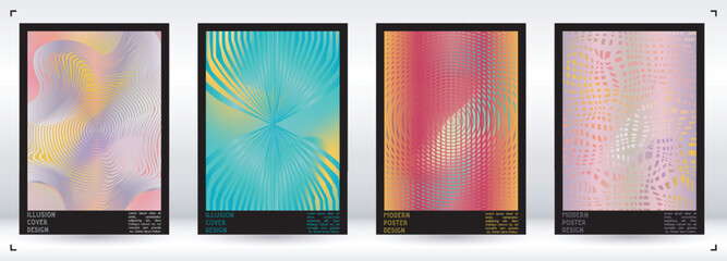 Geometrical Poster Design with Optical Illusion Effect.  Minimal Psychedelic Cover Page Collection. Colorful Wave Lines Background. Fluid Stripes Art. Swiss Design. Vector Illustration for Placard.