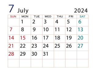 2024年カレンダー　7月	
