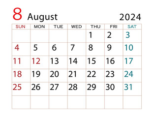 2024年カレンダー　8月	