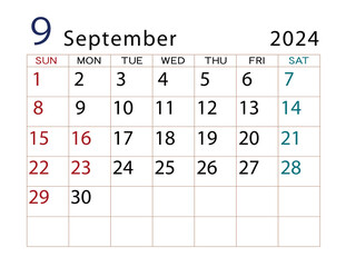 2024年カレンダー　9月	