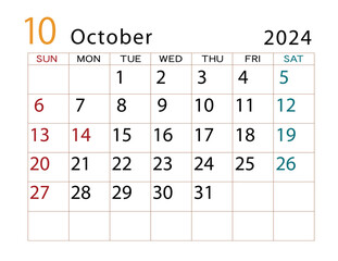 2024年カレンダー　10月	