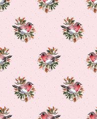 Cute birds, Christmas tree branches, snowfall. Seamless Christmas pattern. Winter watercolour Hand painted Seamless pattern