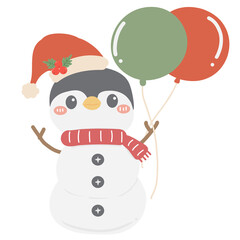Cute cartoon Penguin snowman with balloons happy Christmas new year animal illustration for kids book