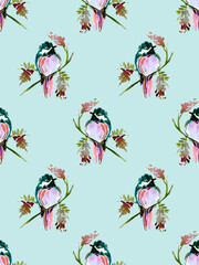 Watercolour hand painted seamless sparrow bird sitting on wisteria branch, spring pattern, spring floral ,birds and vines.