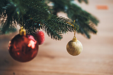 Close-up portrait of Christmas tree ornament hanging on a pine tree to make the atmosphere of the...