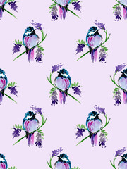 Watercolour hand painted seamless sparrow bird sitting on wisteria branch, spring pattern, spring floral ,birds and vines.