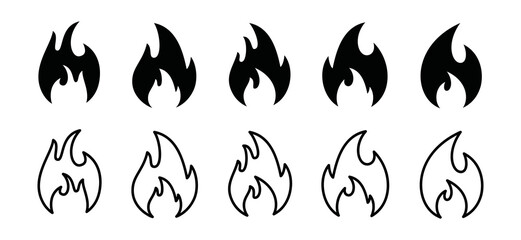 Obraz na płótnie Canvas Fire icon vector collection. Line art and flat flame or bonfire sign silhouette. Fireball symbol illustration