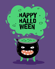 Funny cartoon evil witch's cauldron with steam. Hand Drawn Halloween card design
