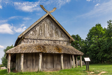 The reconstructed Viking longhouse at Trelleborg, Slagelse, Zealand, Denmark