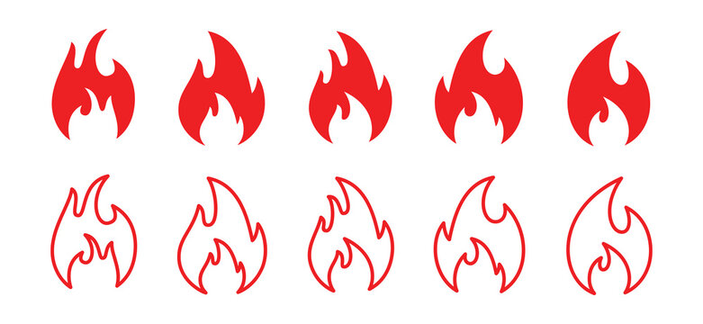 Red fire icon vector collection. Line art and flat flame or bonfire sign silhouette. Fireball symbol illustration