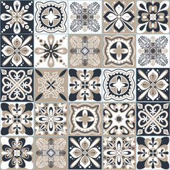 Black beige white seamless pattern for ceramic tiles in Moroccan Arabic style, vector illustration for interior decoration